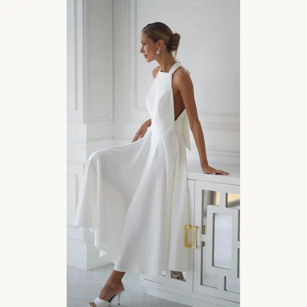 White Halter Bow-Back Bridal Midi Dress