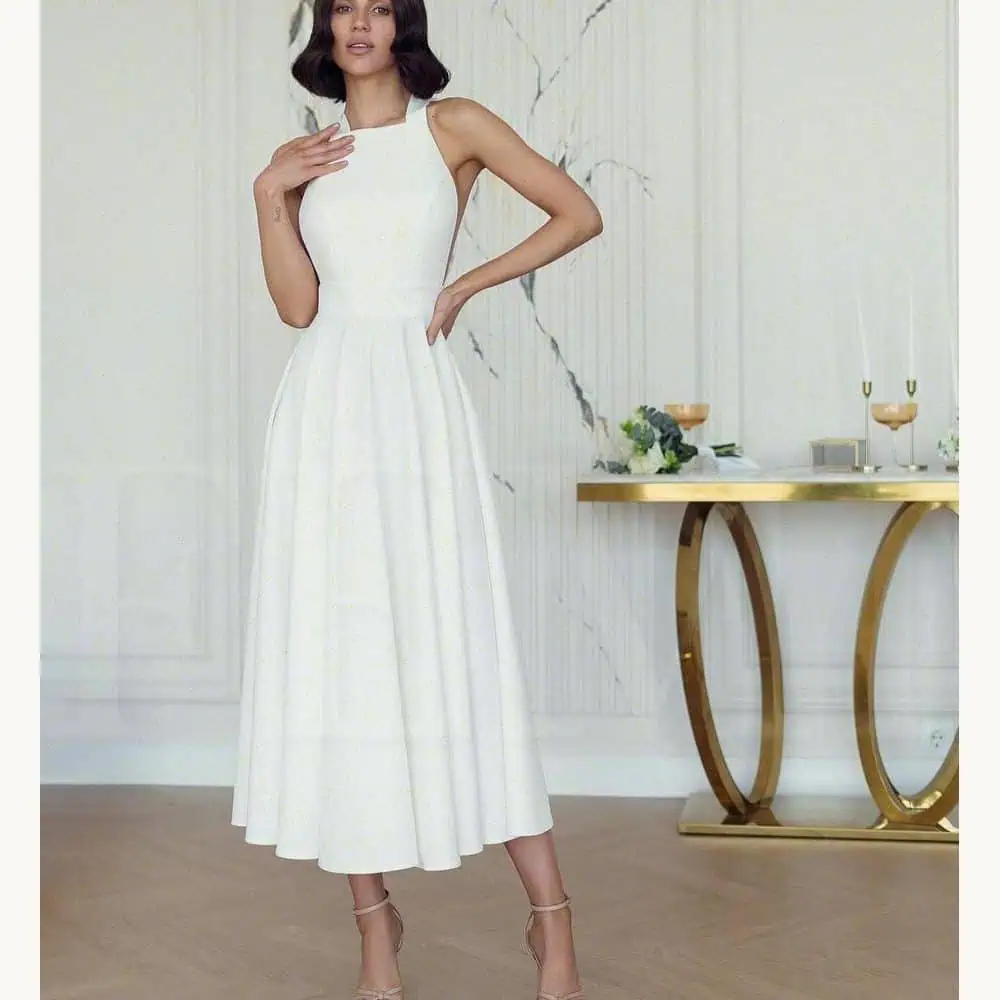White Halter Midi Dress with Bow Back