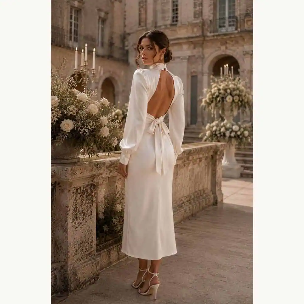 White Long-Sleeve Satin Bow-Back Midi Dress