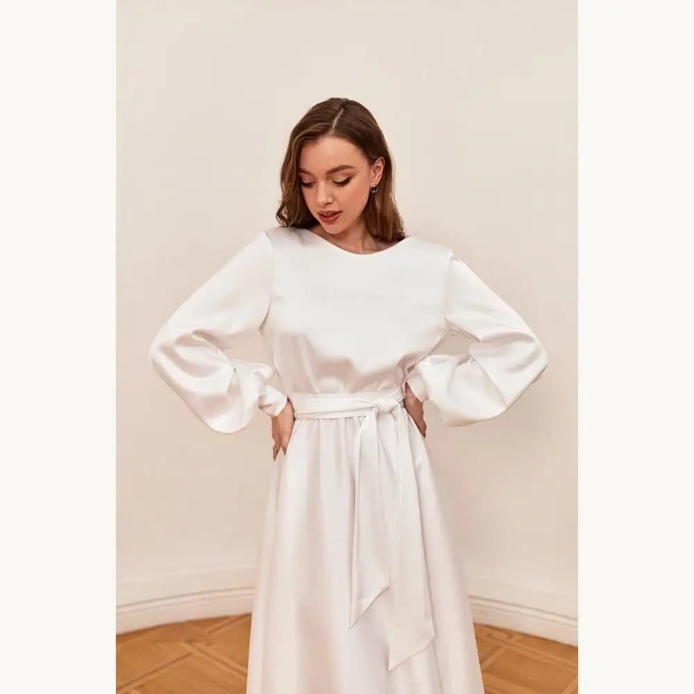 White Satin Boat-Neck Long-Sleeve Midi Dress