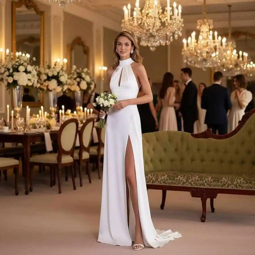 White Satin Halter Maxi Reception Gown