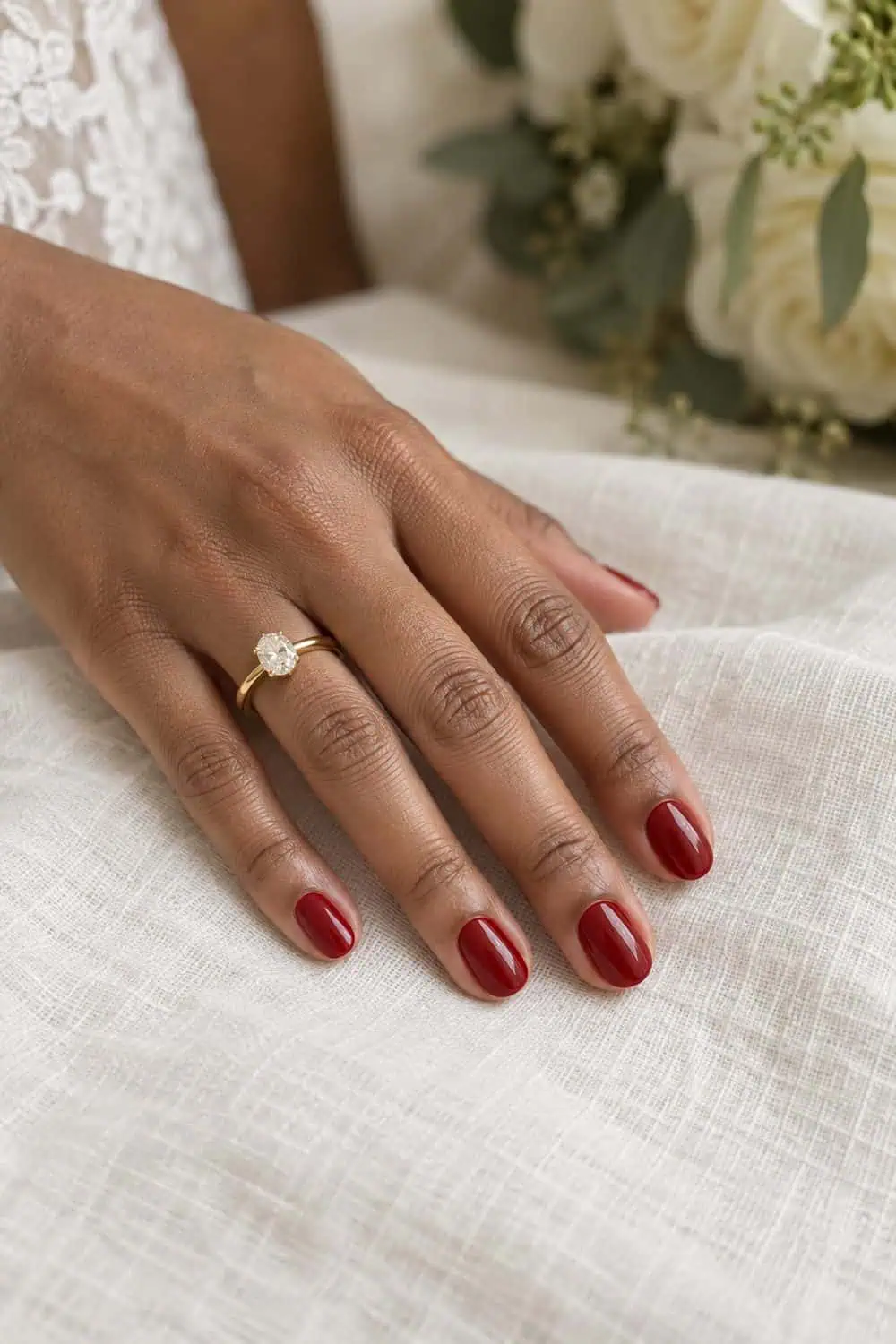 Bridal medium-brown hand with short oval nails painted solid glossy cherry-red polish, resting on ivory linen