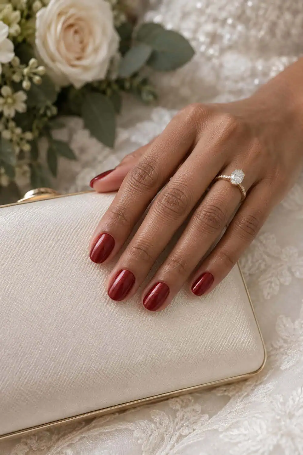 Bridal light-brown hand with short oval nails painted cranberry-red pearl polish with fine sheen, ivory clutch nearby