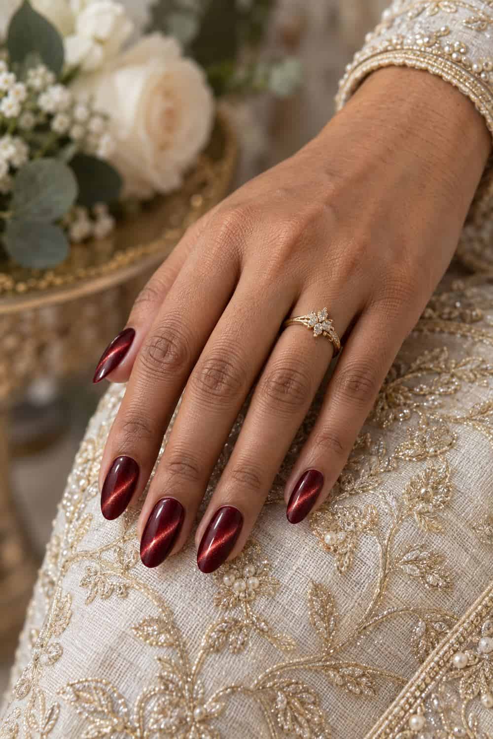 adult bride's South Asian hand with medium almond nails painted garnet-red magnetic cat-eye polish, diagonal luminous bands, cream flowers