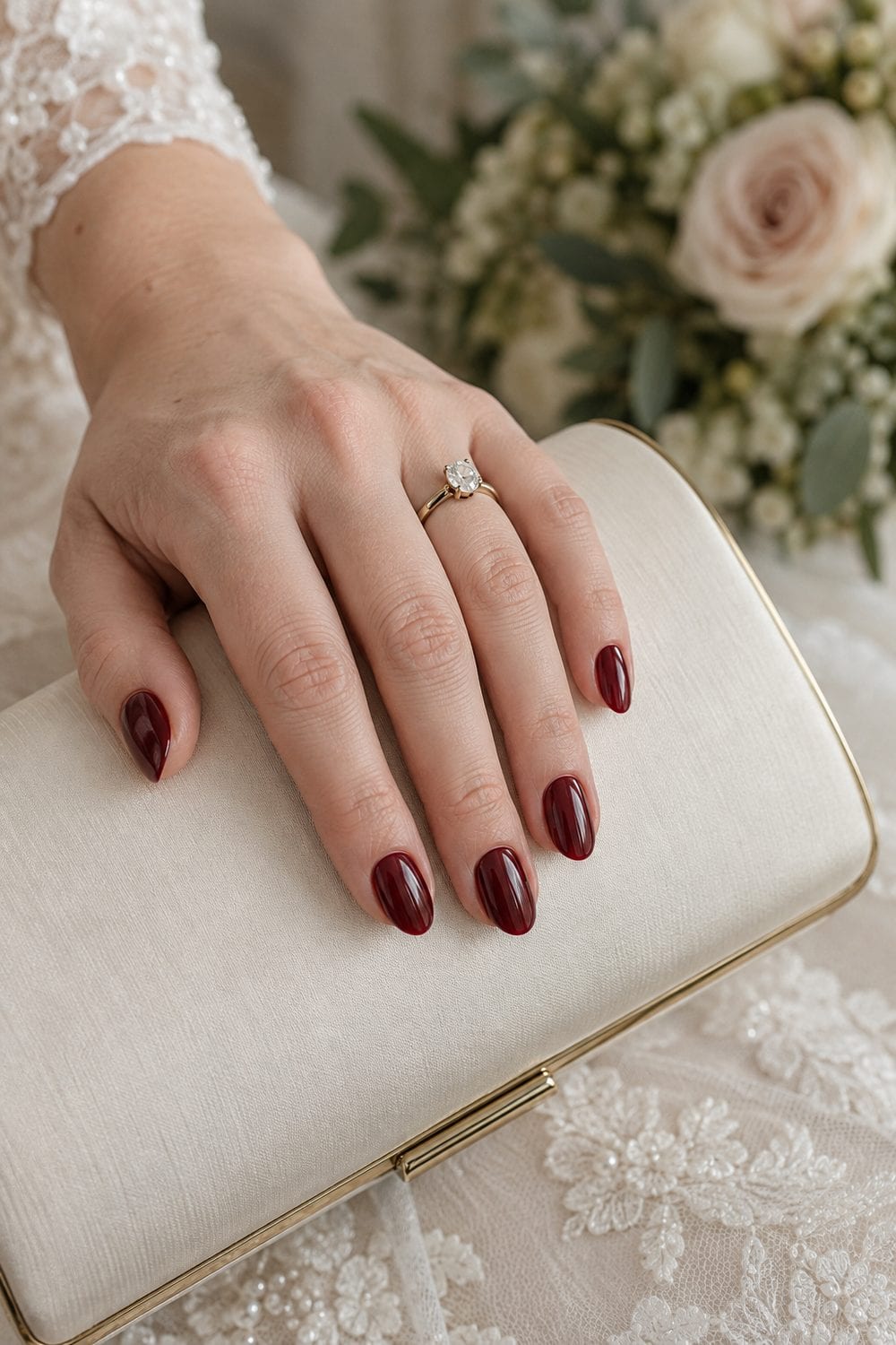 adult bride's fair hand with short almond nails painted glossy deep oxblood red, cream clutch nearby