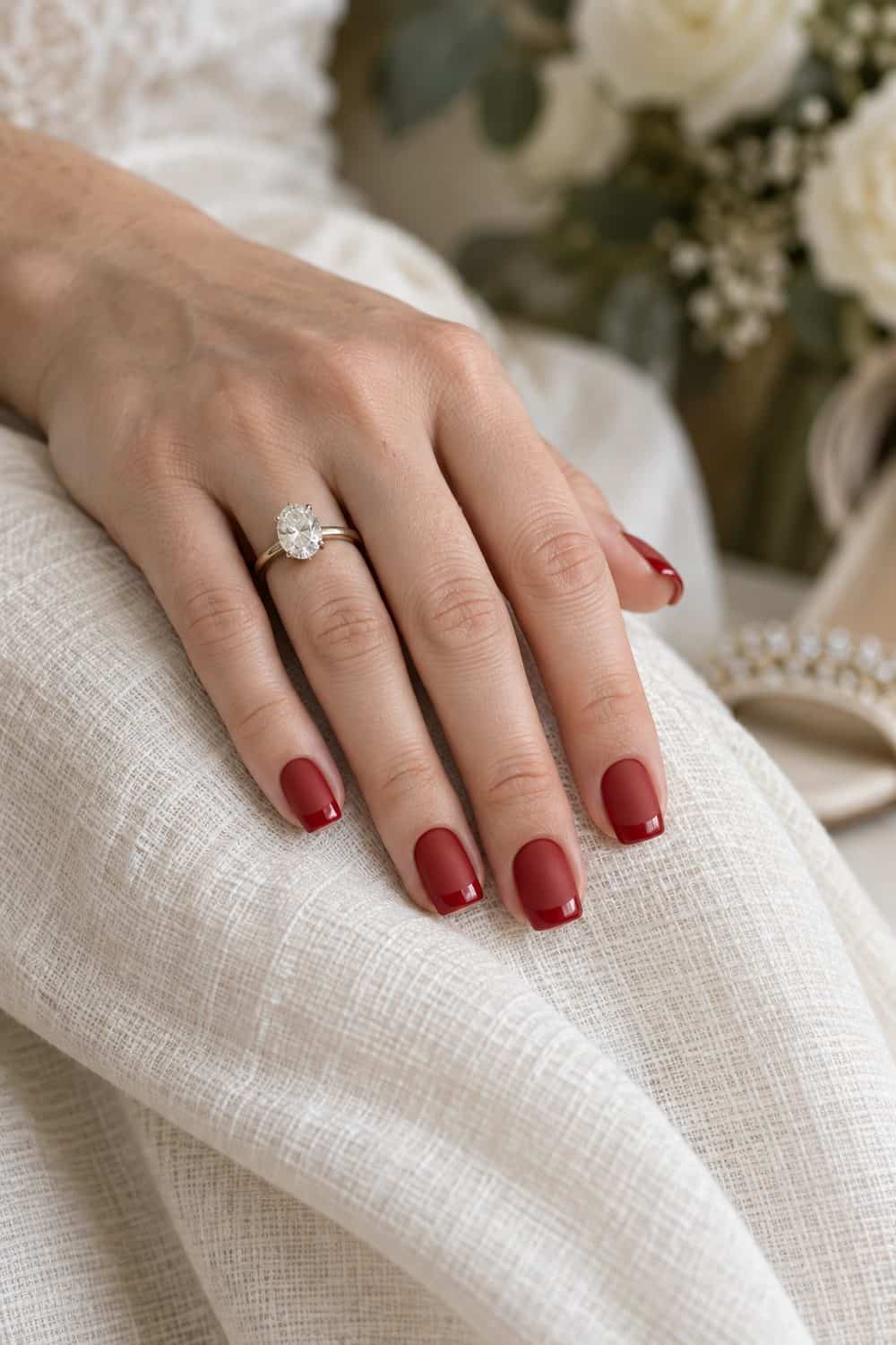 Bridal fair hand with short square nails painted matte scarlet-red polish with glossy scarlet-red French tips, cream linen