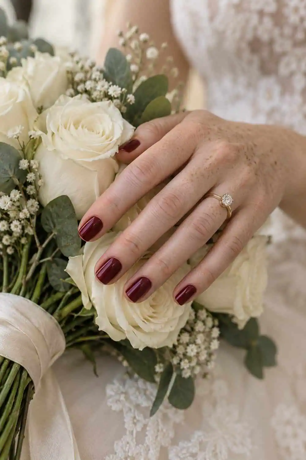 Bridal fair freckled hand with short soft-square nails painted solid oxblood-red polish, holding cream roses