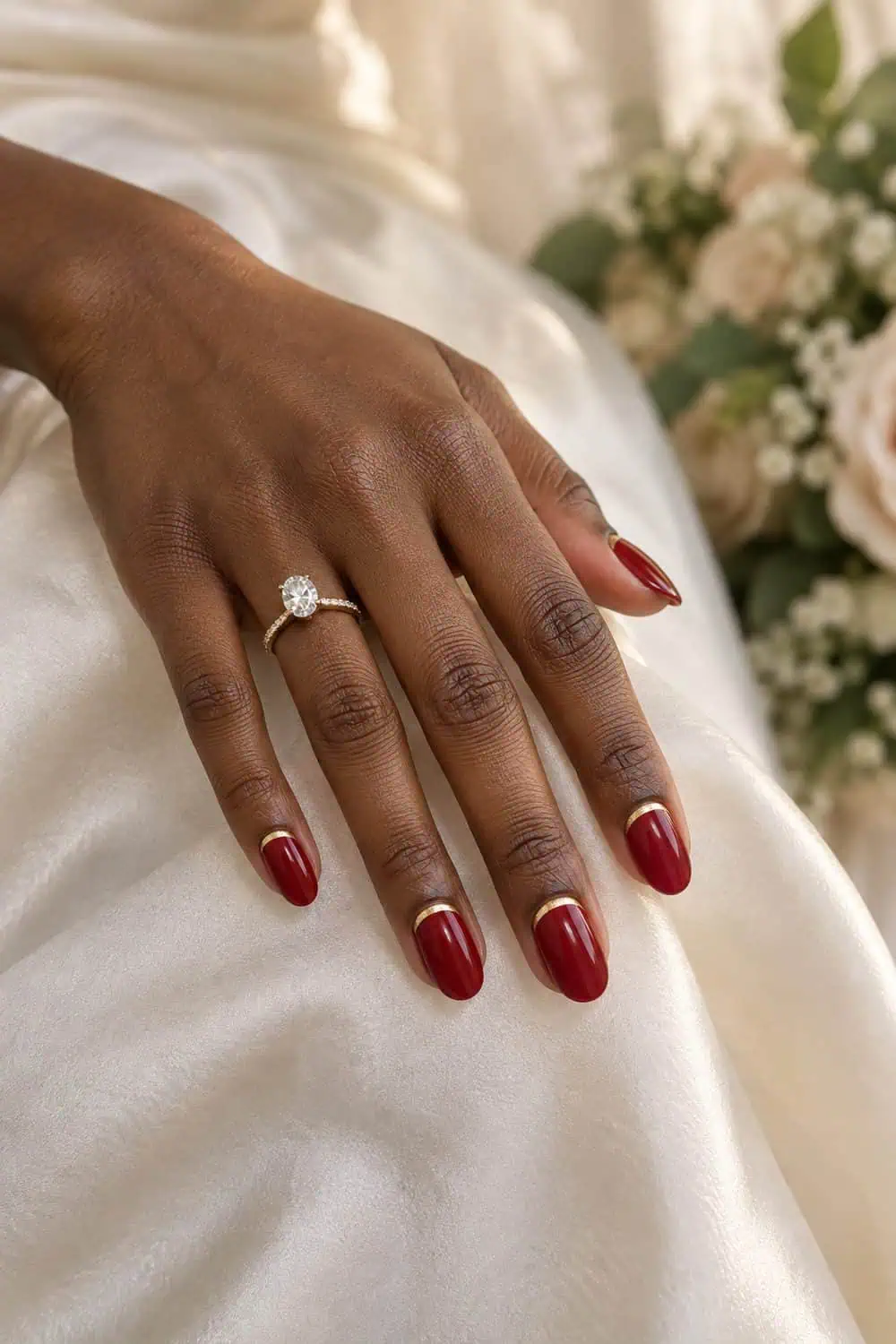Bridal dark-brown hand with medium oval nails painted solid crimson-red polish, thin gold cuff line at each cuticle, cream silk