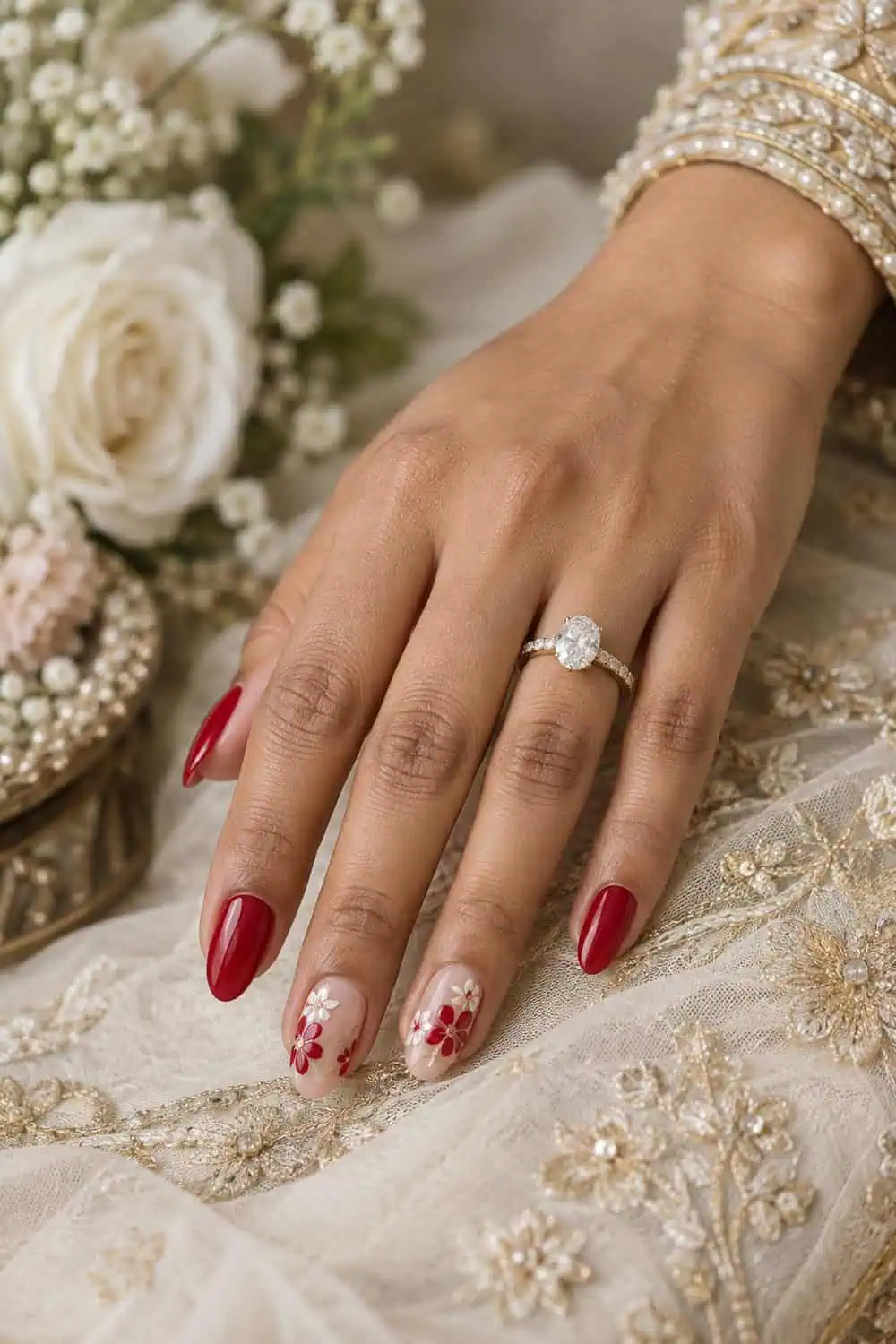 Bridal South Asian hand with medium oval nails, most painted solid ruby-red polish, two nude accent nails with small matching red flowers, ivory petals