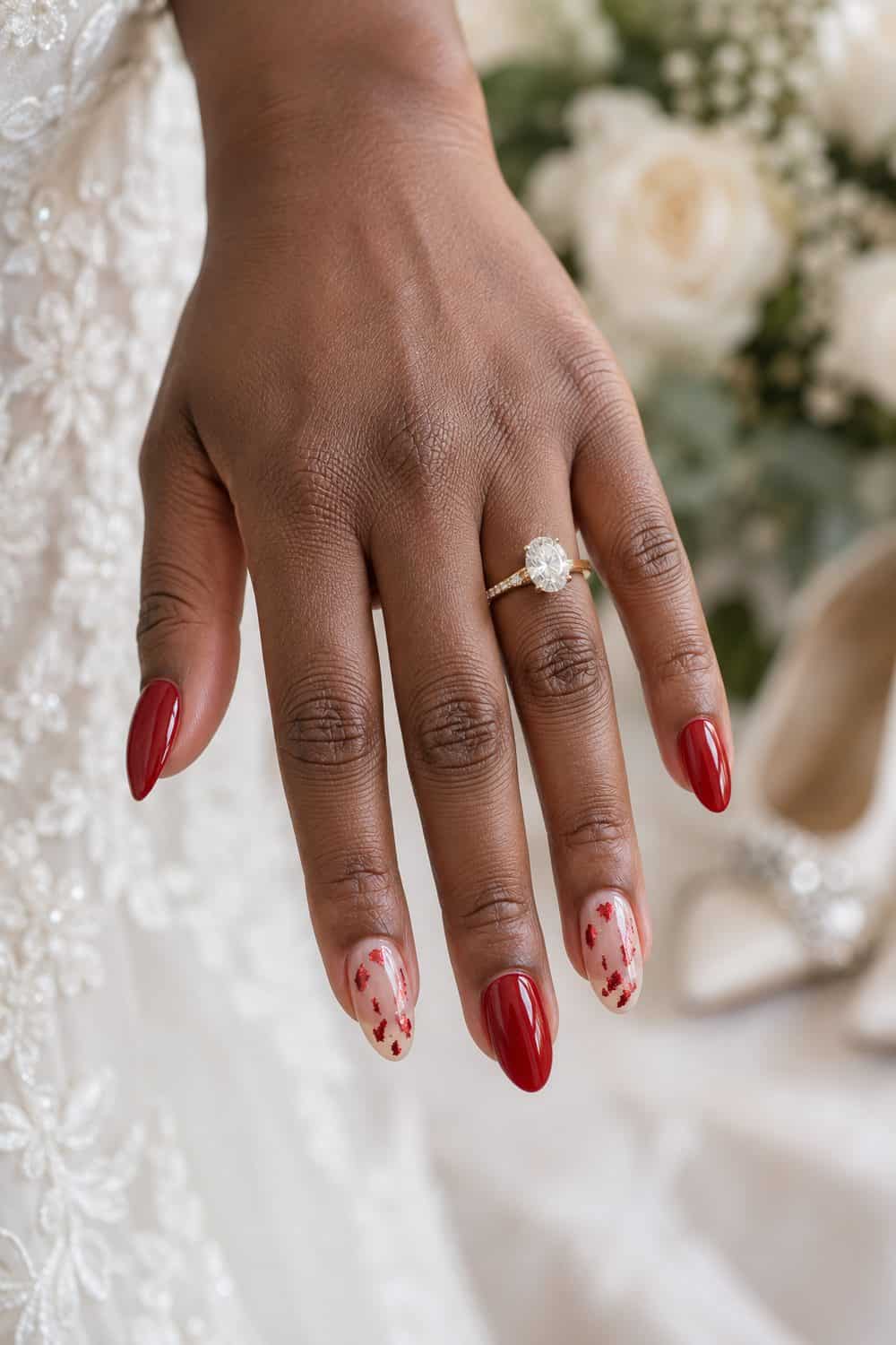 Bridal dark-brown hand with medium almond nails, most painted solid crimson-red polish, two sheer accents with sparse crimson-red foil, ivory flowers
