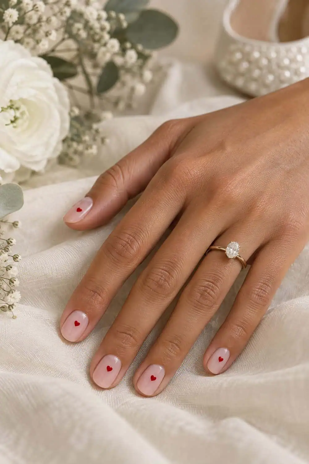 Bridal warm tan hand with short rounded nails, sheer pink base and one tiny heart painted in true-red polish on each nail, cream background