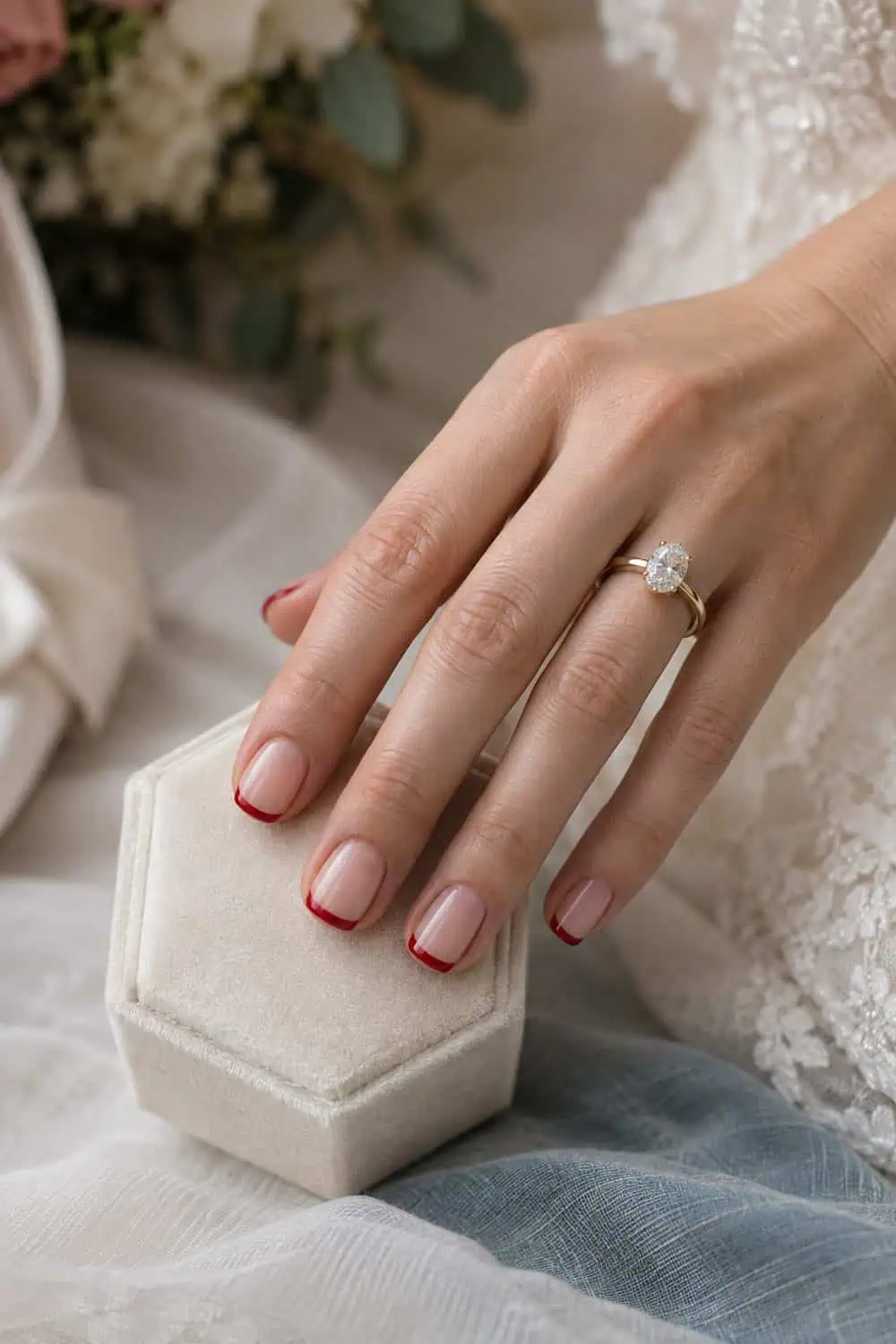 Bridal fair hand with short square nails, sheer nude base and ultra-thin French tips painted with true-red polish, ivory ring box