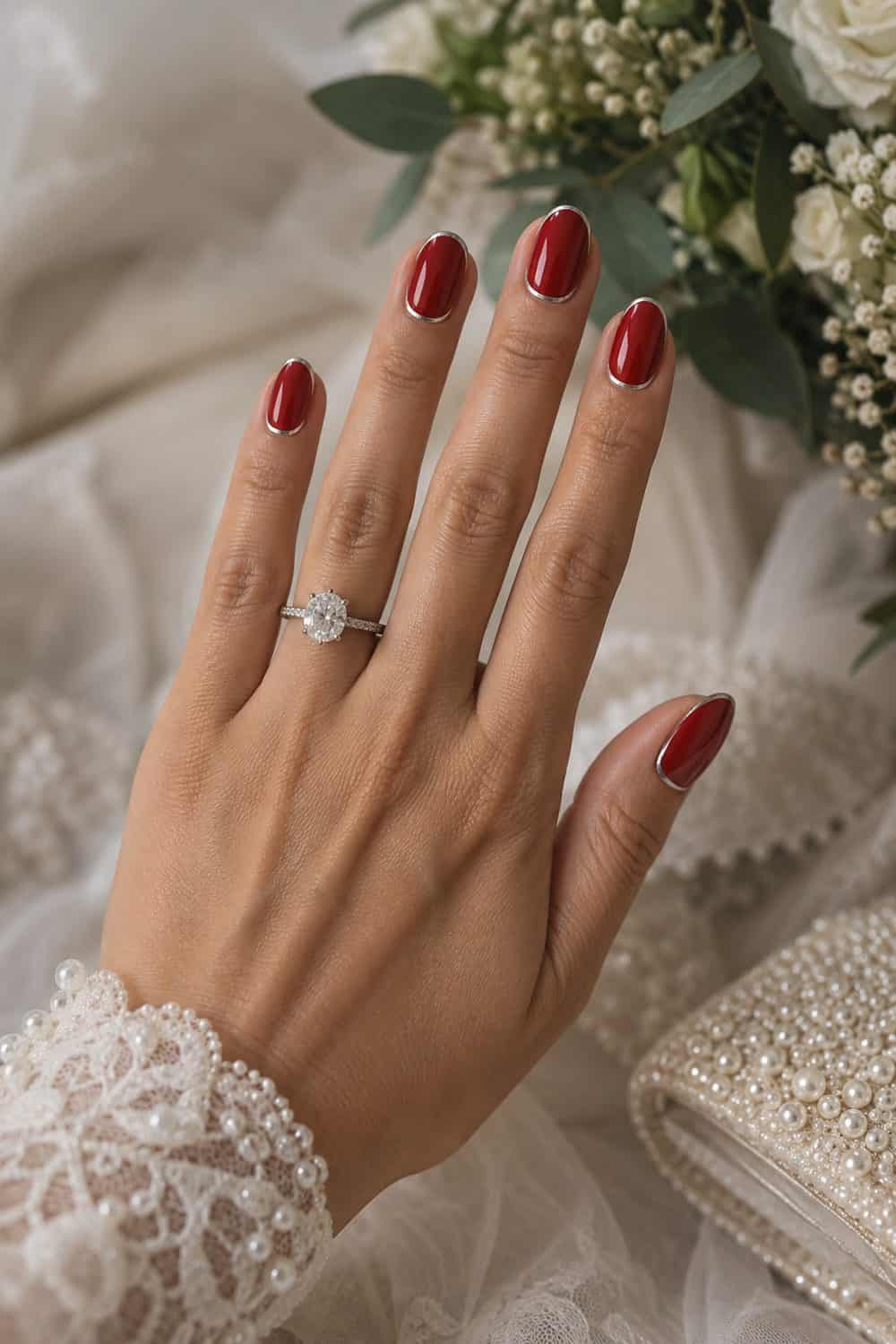Bridal olive hand with medium oval nails painted solid ruby-red polish with very thin silver outline at edges, silver ring visible