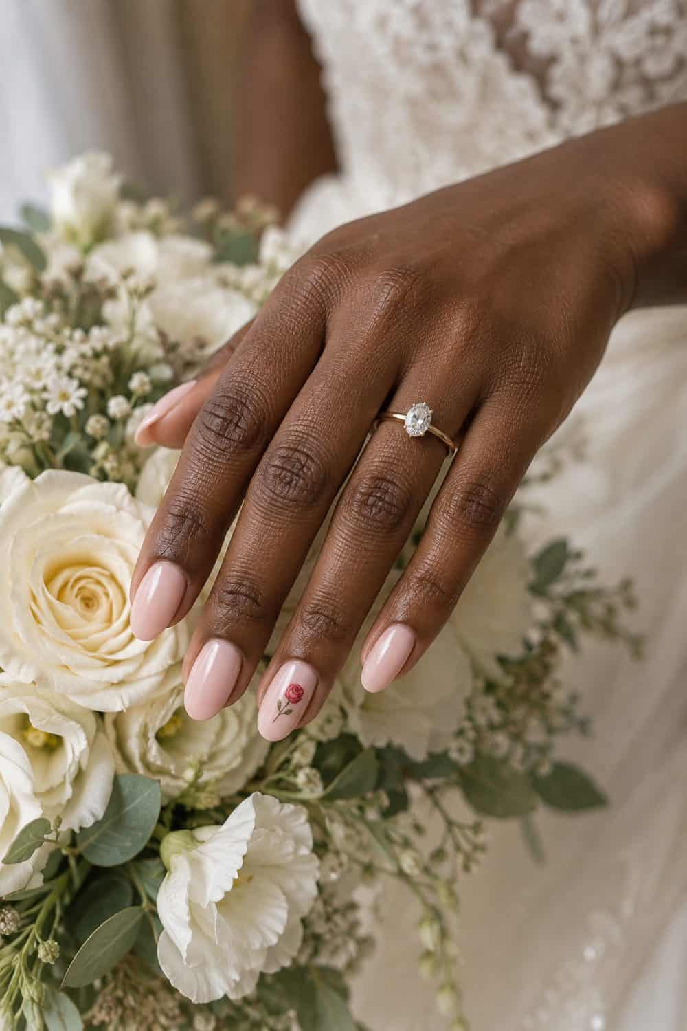 adult bride's deep-brown hand with medium oval nails painted pale pink, one tiny painted red rose on ring-finger nail only, ivory bouquet