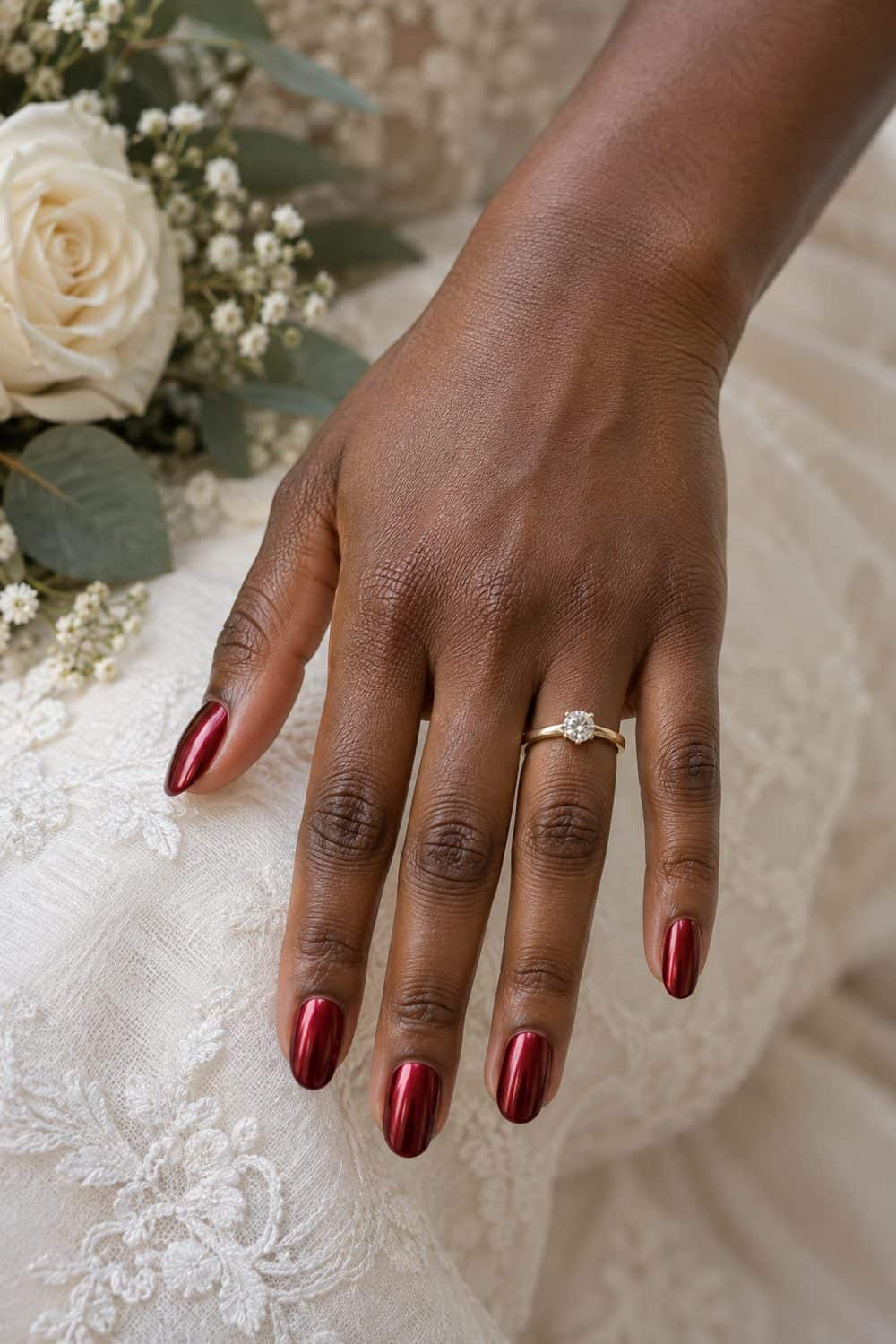 adult bride's dark-brown hand with medium oval nails painted reflective ruby-red chrome, gold ring visible