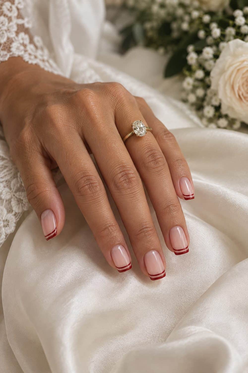 adult bride's olive-toned hand with medium square nails, sheer nude base and two ultra-thin parallel scarlet-red French tips, ivory silk