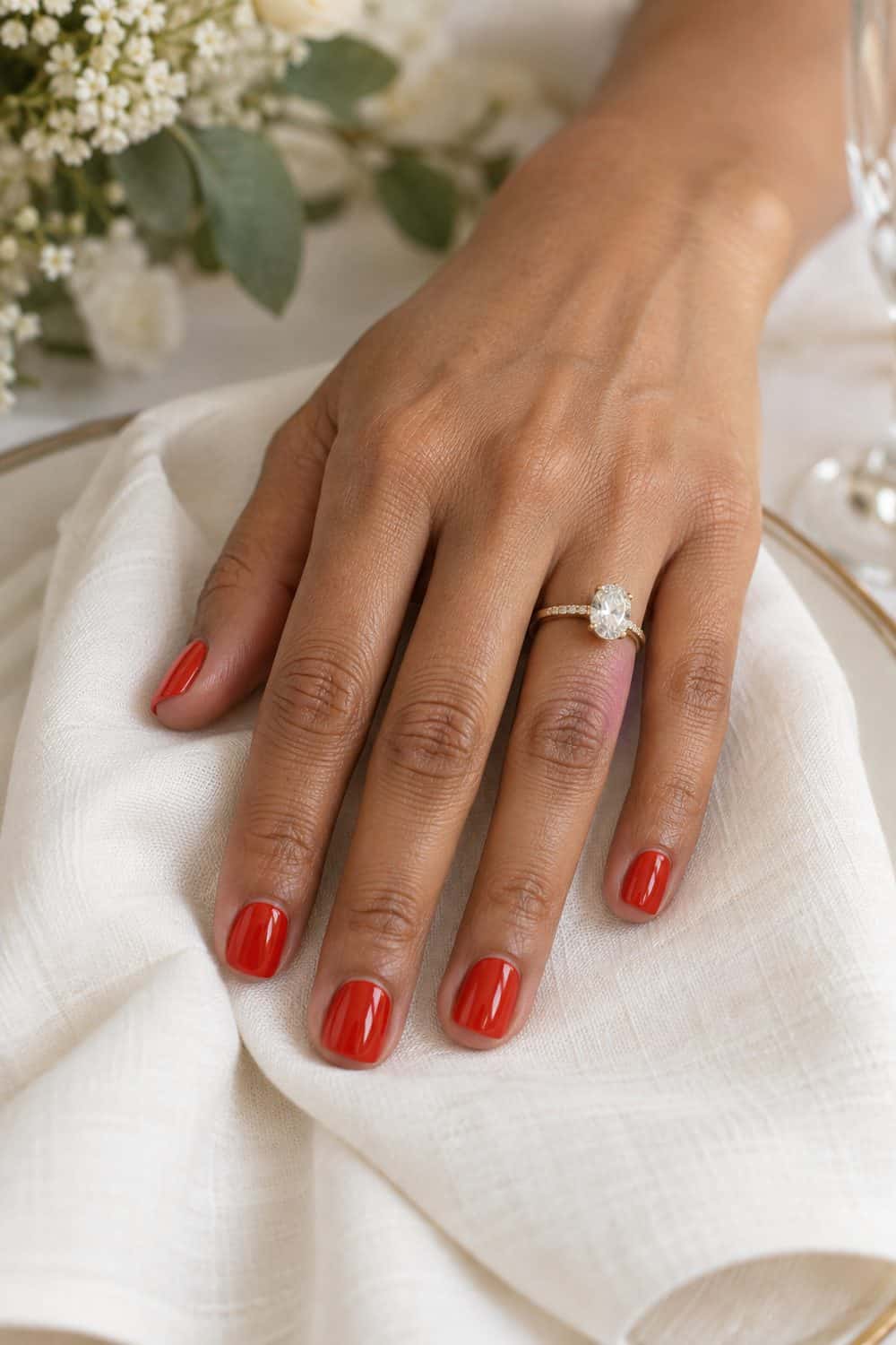 adult bride's light-brown hand with short square nails painted solid glossy tomato red, ivory napkin