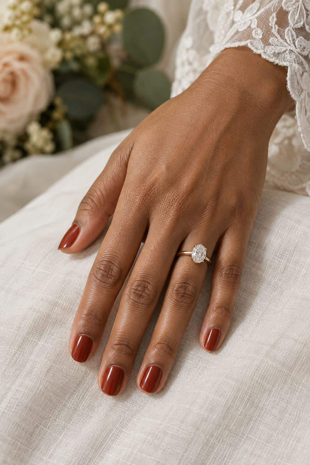 adult bride's medium-brown hand with short oval nails painted solid warm brick red, ivory linen