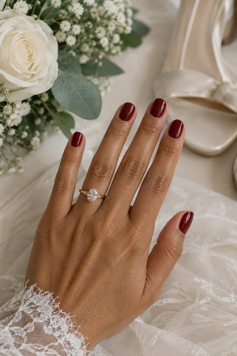 adult bride's warm tan hand with short oval nails painted translucent wine-red jelly polish, cream background