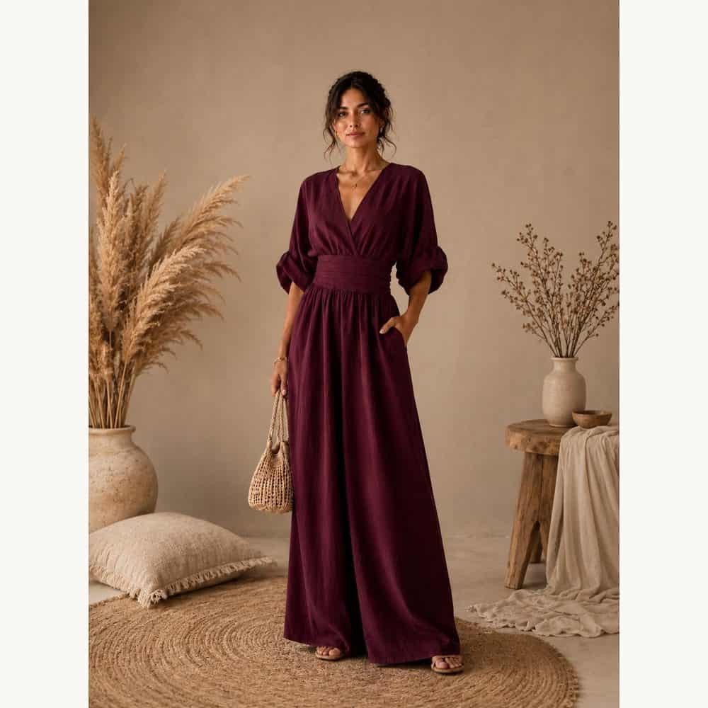 Burgundy Wide-Leg Linen Jumpsuit