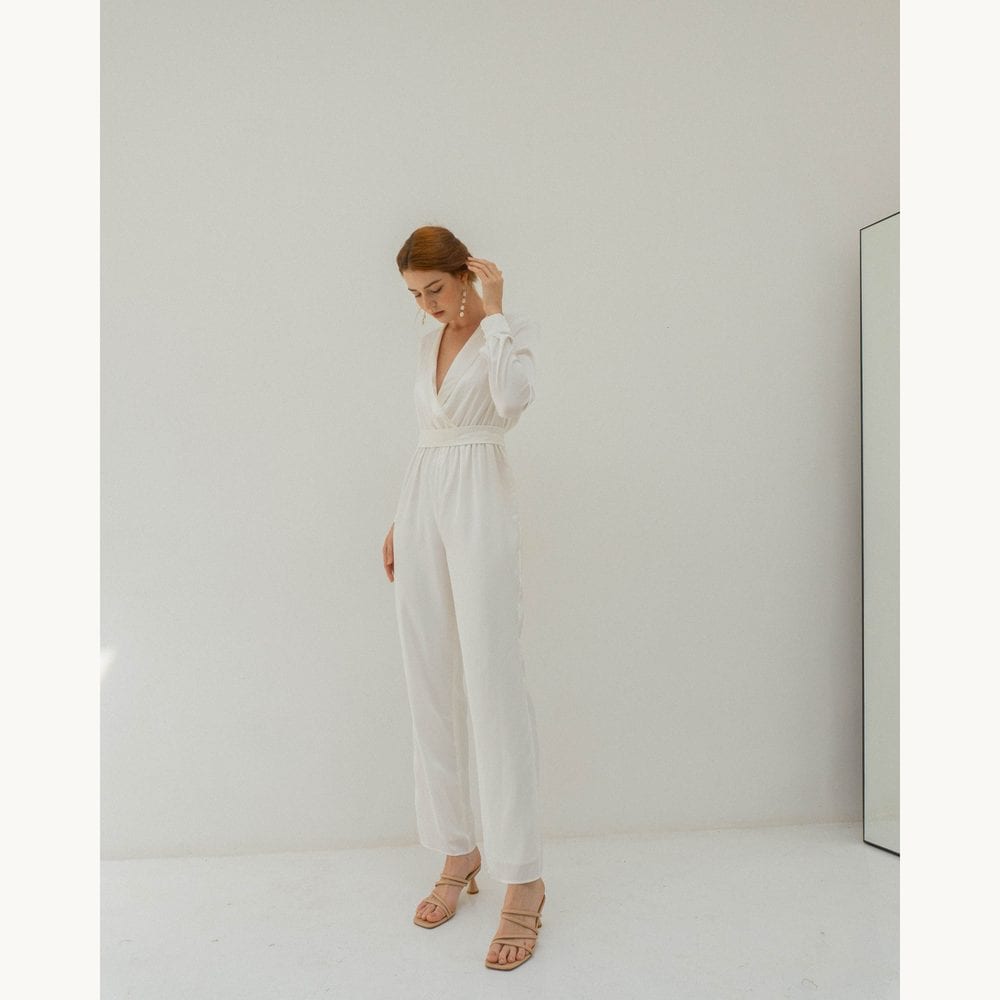 Cream Long-Sleeve Satin Jumpsuit