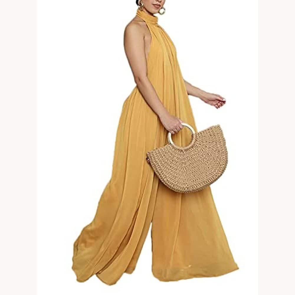 Mustard Chiffon Halter Jumpsuit