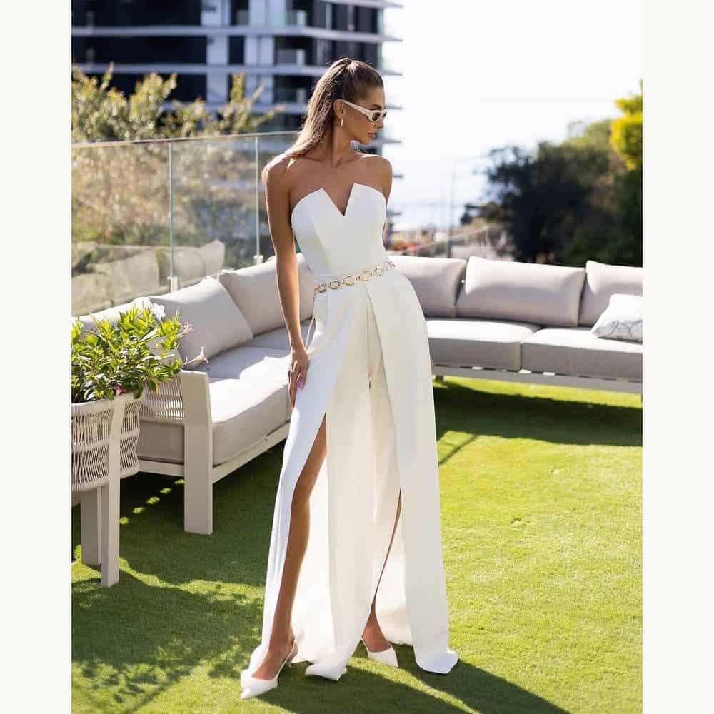 White Bridal Jumpsuit with Leg Slits