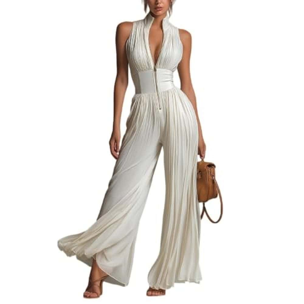 White Pleated Halter Jumpsuit