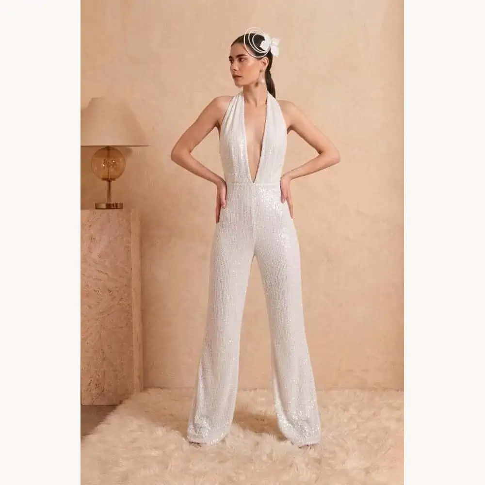 White Sequin Halter Jumpsuit