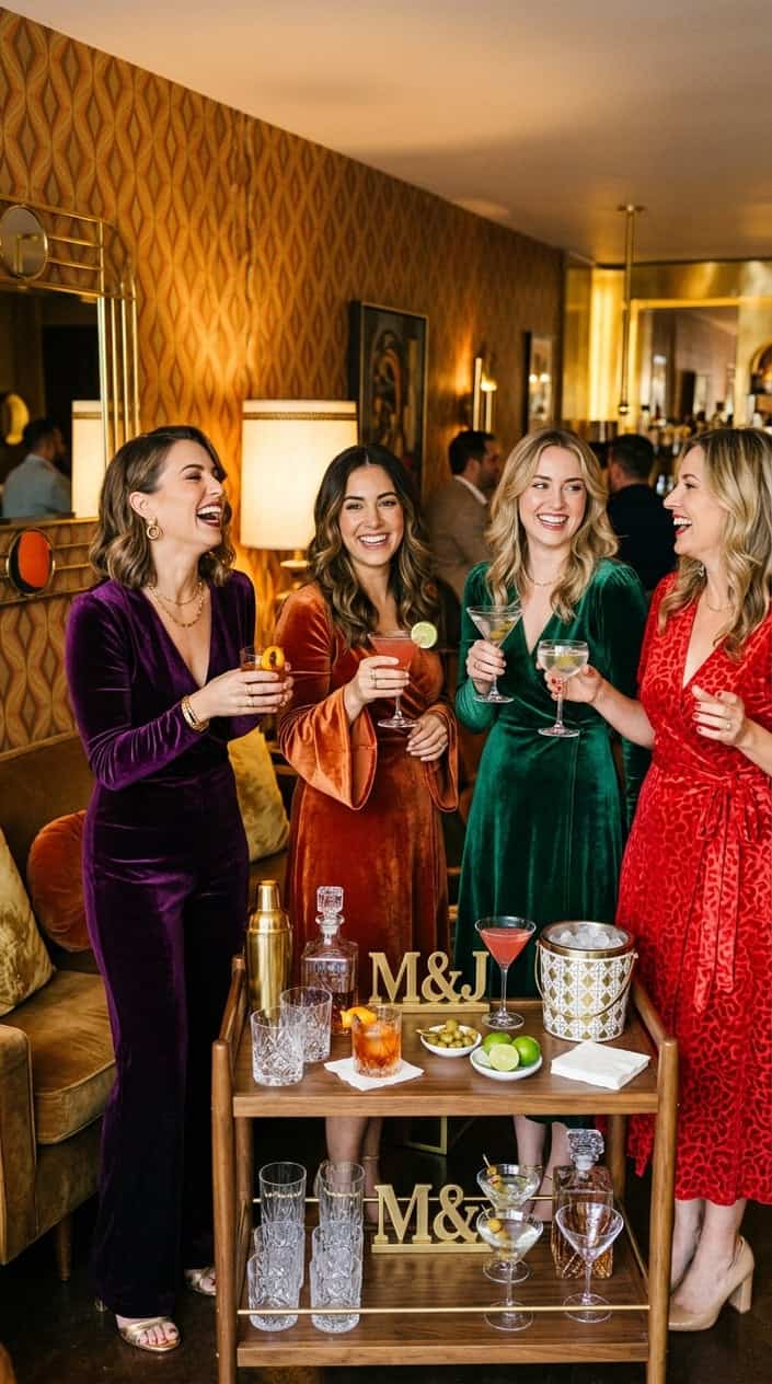 A warmly lit lounge-style gathering with velvet seating, brass accents, mirrored trays, and guests holding classic stirred cocktails in low amber light.