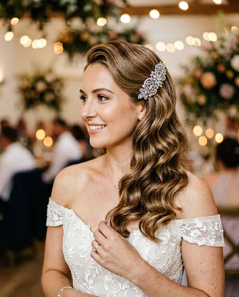 Close-up of a bride with side-swept finger waves set close to the head, a slim crystal barrette pinning one side back, wearing a white wedding dress.