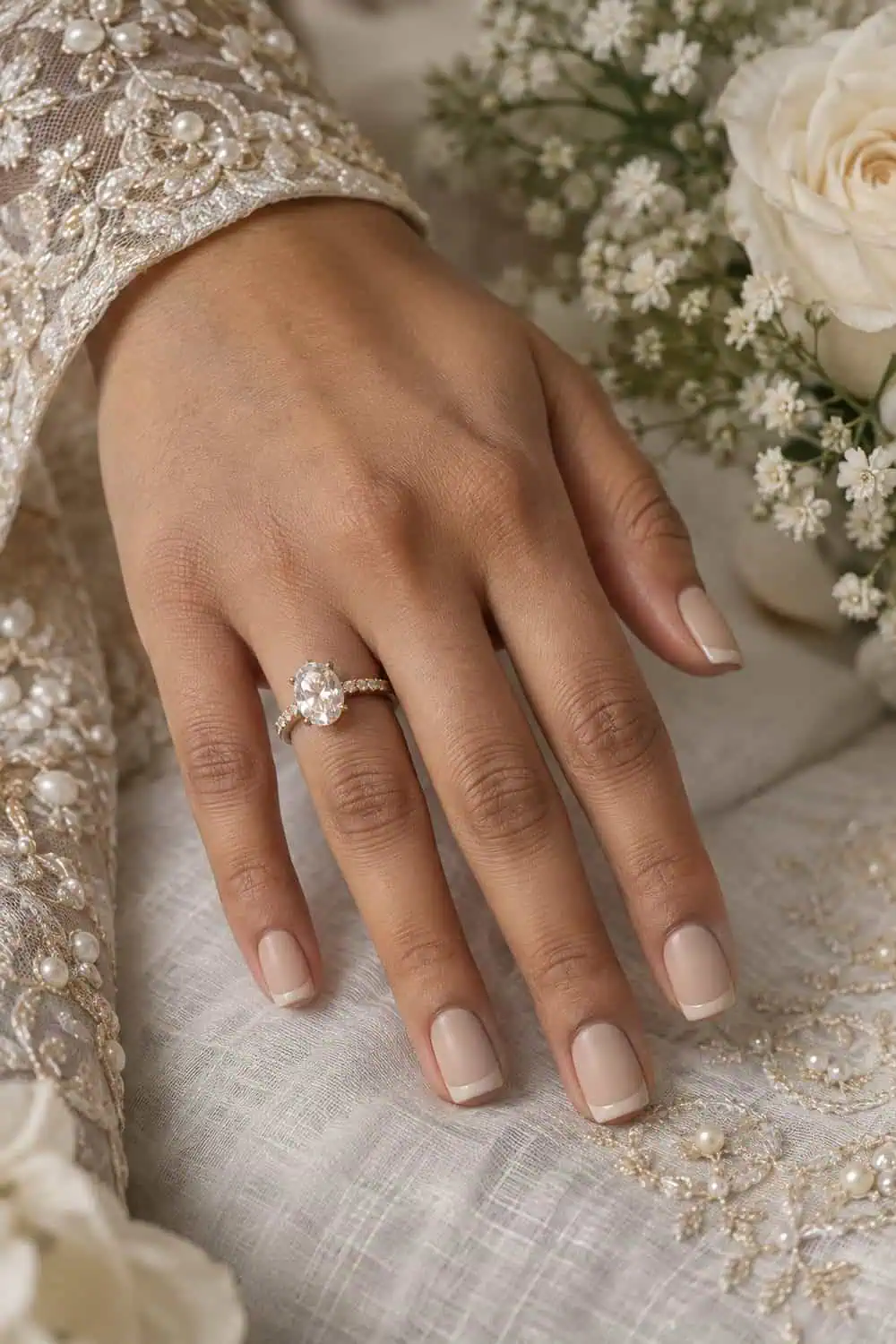 adult bride's South Asian hand with short square nails painted matte beige with matching glossy beige French tips, cream flowers