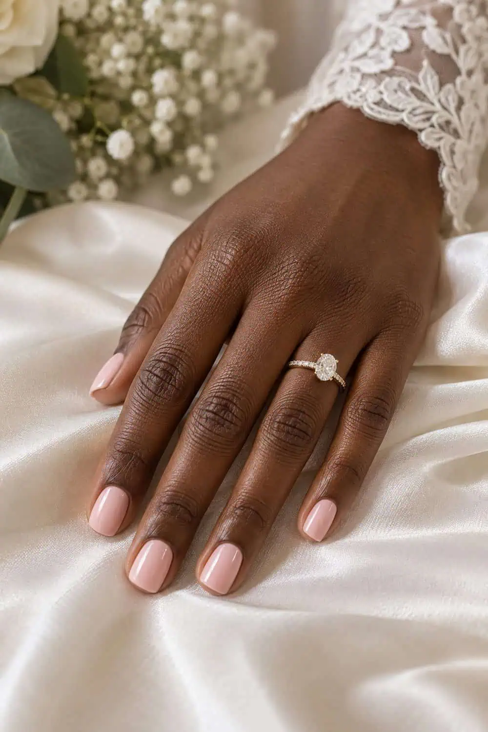 Bridal dark-brown hand with short soft-square nails painted solid blush pink, resting on cream satin