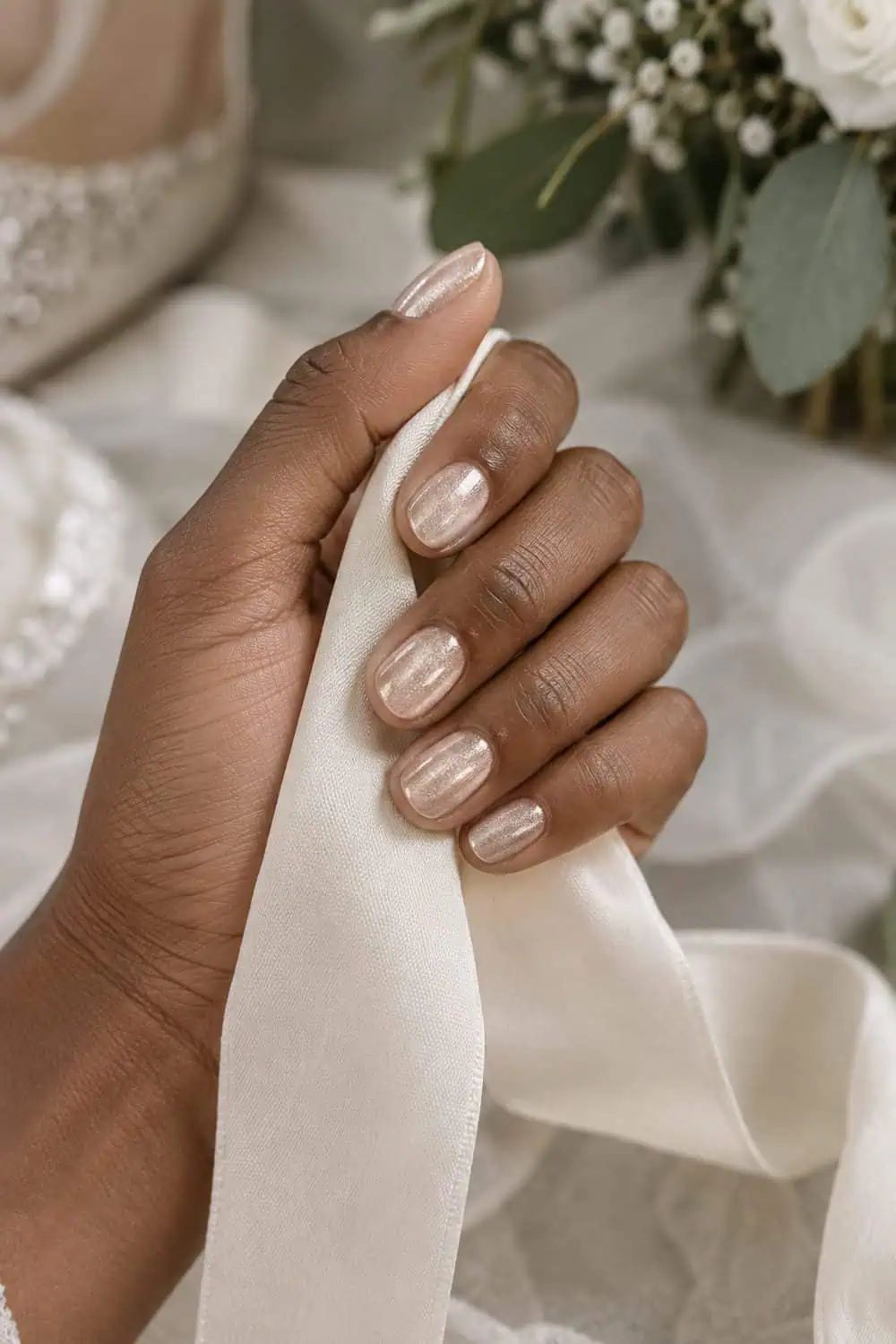 Bridal medium-deep brown hand with short rounded nails painted fine champagne shimmer, holding ivory ribbon