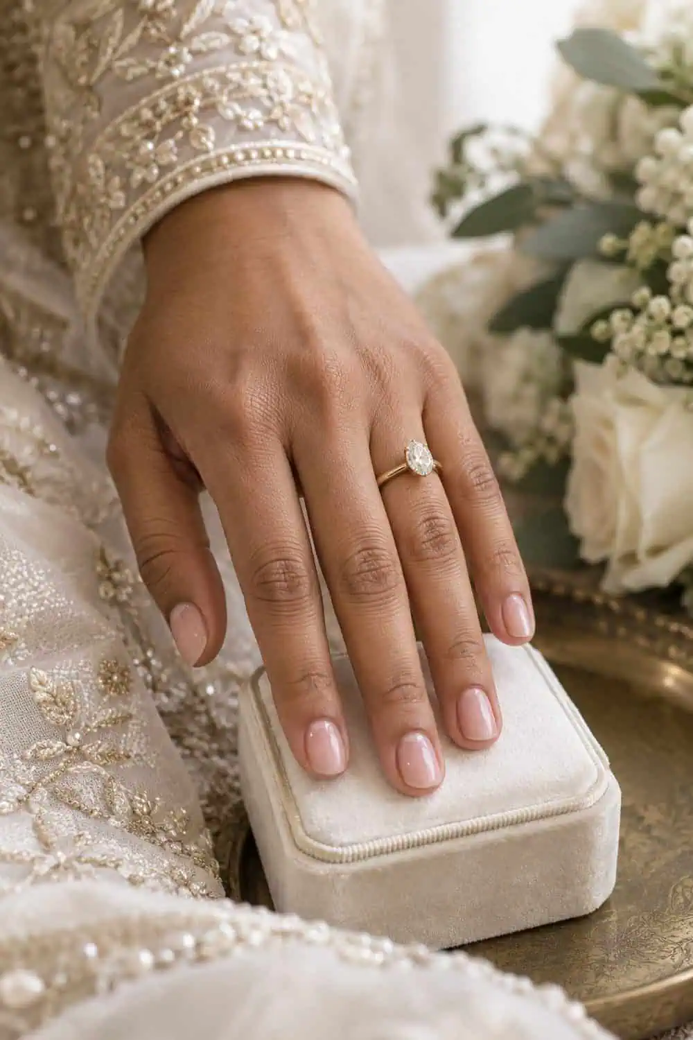 Bridal South Asian hand with short natural oval nails under clear high-gloss polish, no nail art, ivory ring box