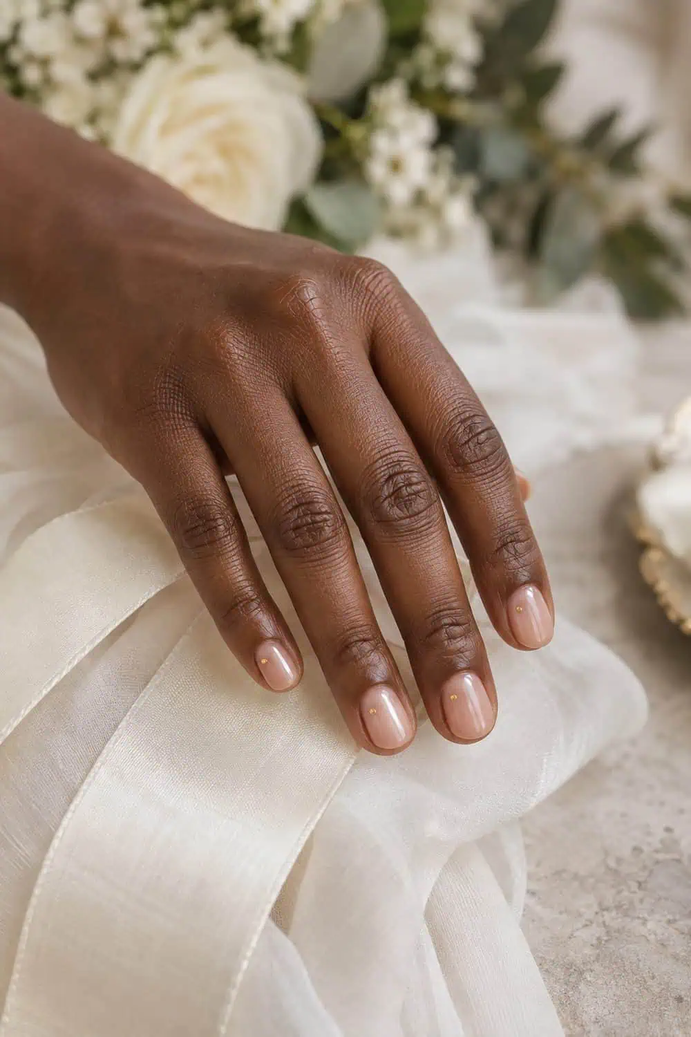 adult bride's deep-brown hand with short natural oval nails under clear gloss, sparse tiny flat gold circle accents, ivory ribbon