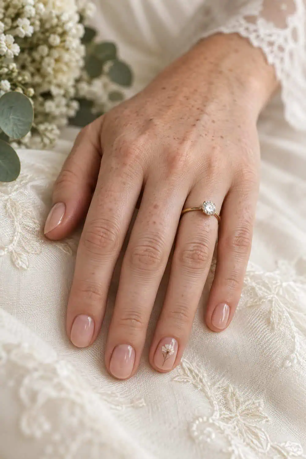 adult bride's fair freckled hand with short oval nails under clear gloss, one tiny dried white flower on ring-finger nail only, cream background