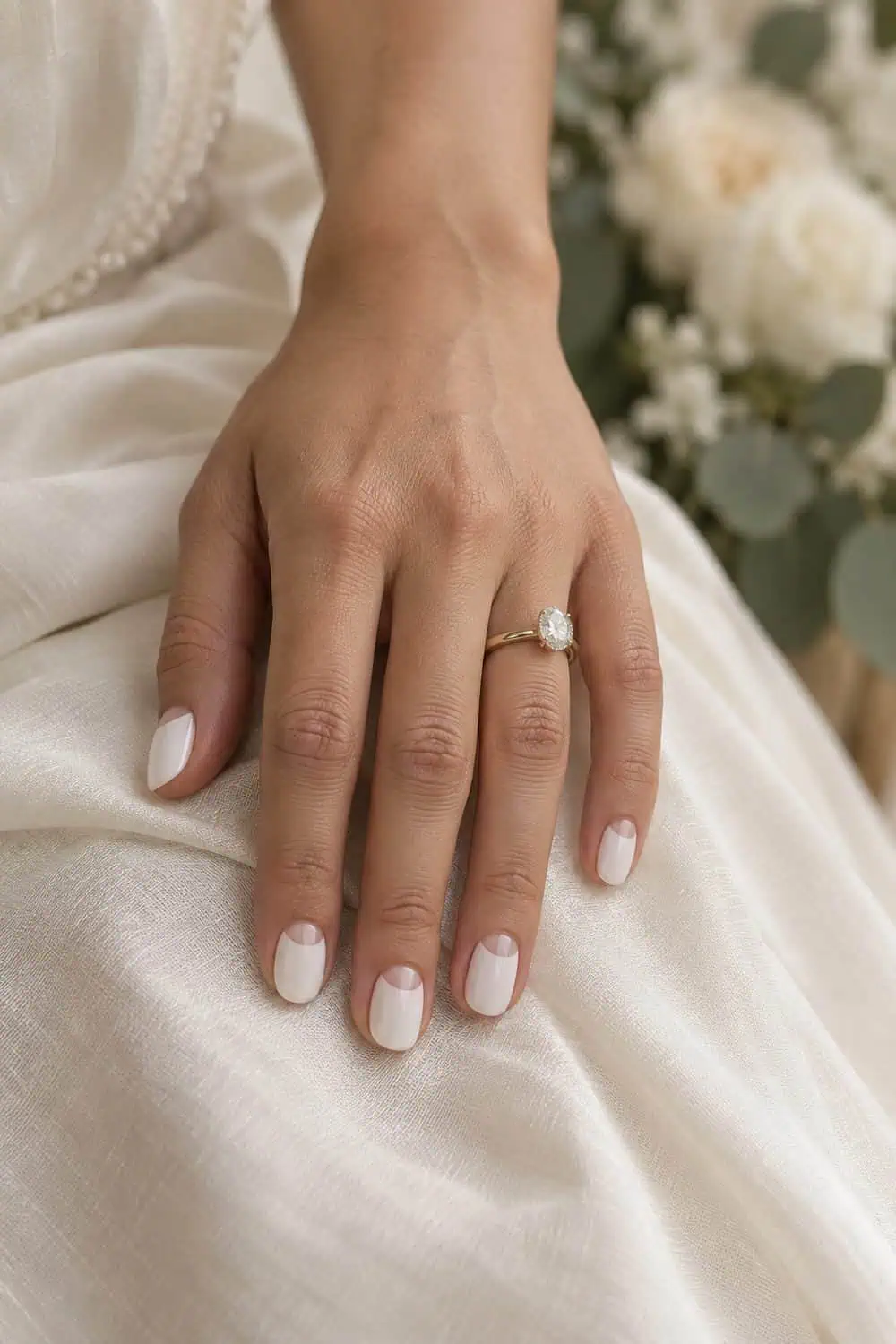 adult bride's olive-toned hand with short oval nails painted milky white while small half-moons at cuticles remain clear, ivory fabric