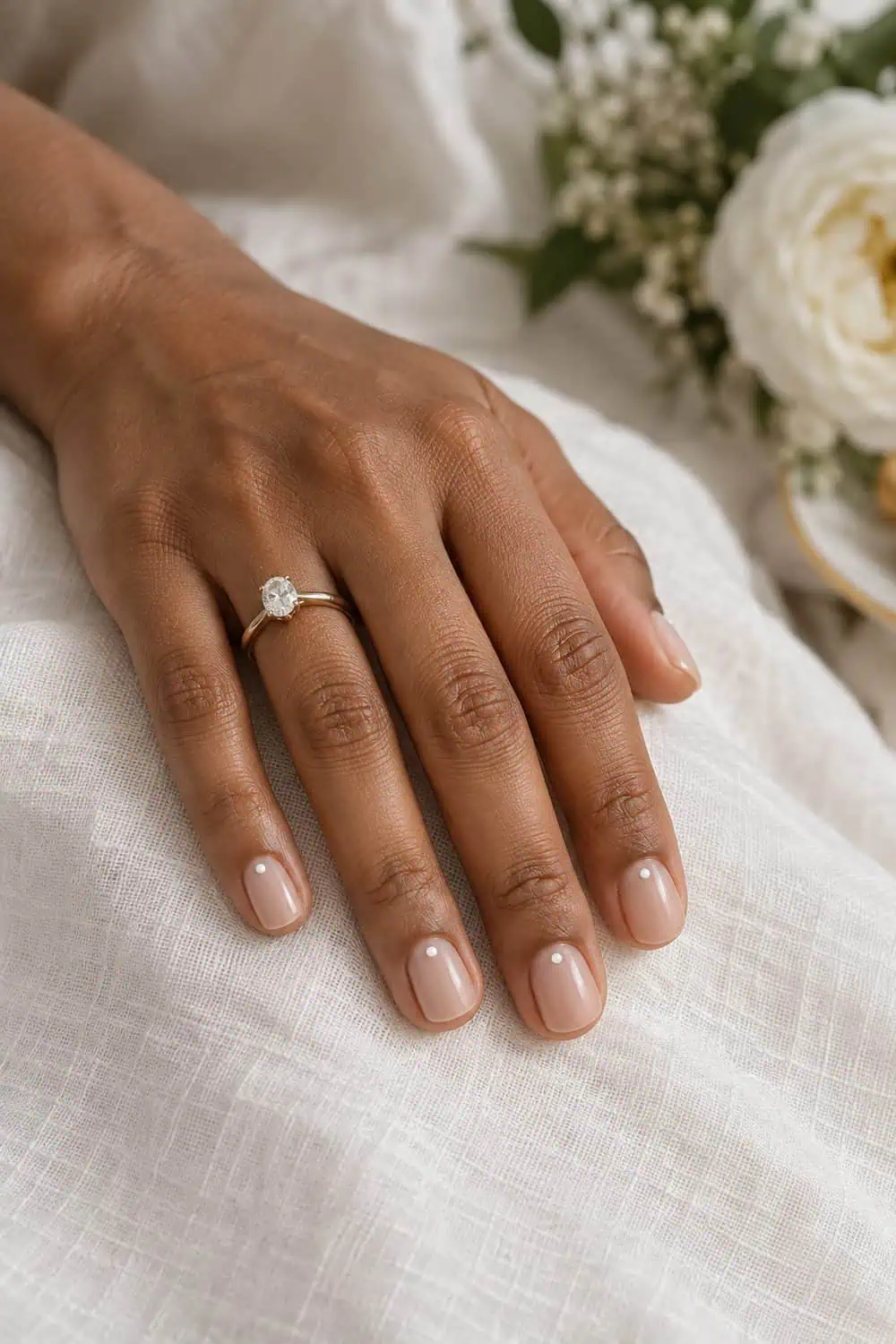 adult bride's medium-brown hand with short rounded nails painted sheer nude, one small white dot centered near each cuticle, ivory linen