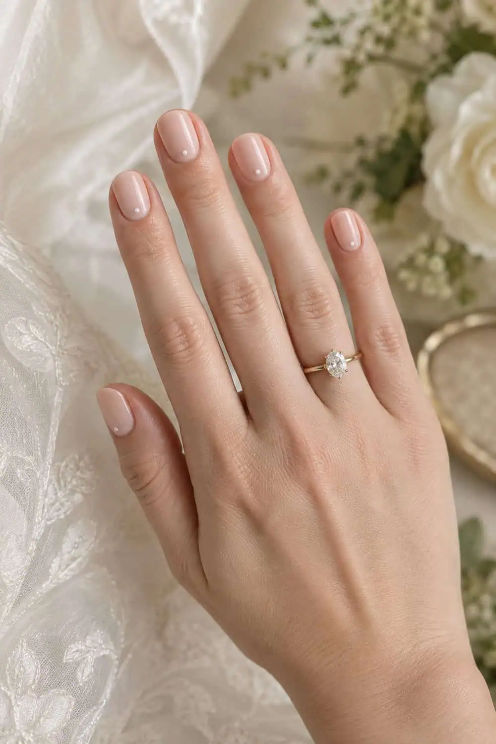 Bridal fair hand with short squoval nails, nude pink polish and one small white dot centered near each cuticle, ivory background