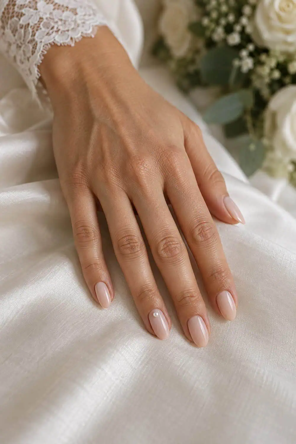 Bridal olive hand with short almond nails painted sheer nude, one small flat pearl on each visible ring-finger nail, ivory silk