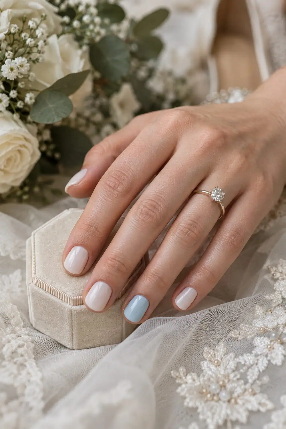 Bridal fair hand with short rounded nails, milky white polish with one pale-blue ring-finger accent nail, cream ring box