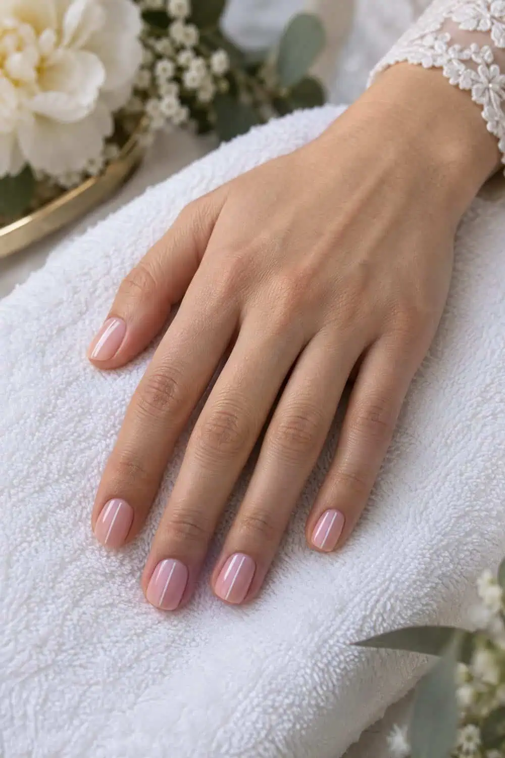 adult bride's fair hand with short squoval nails painted soft pink, one ultra-thin vertical white line on each nail, white towel background