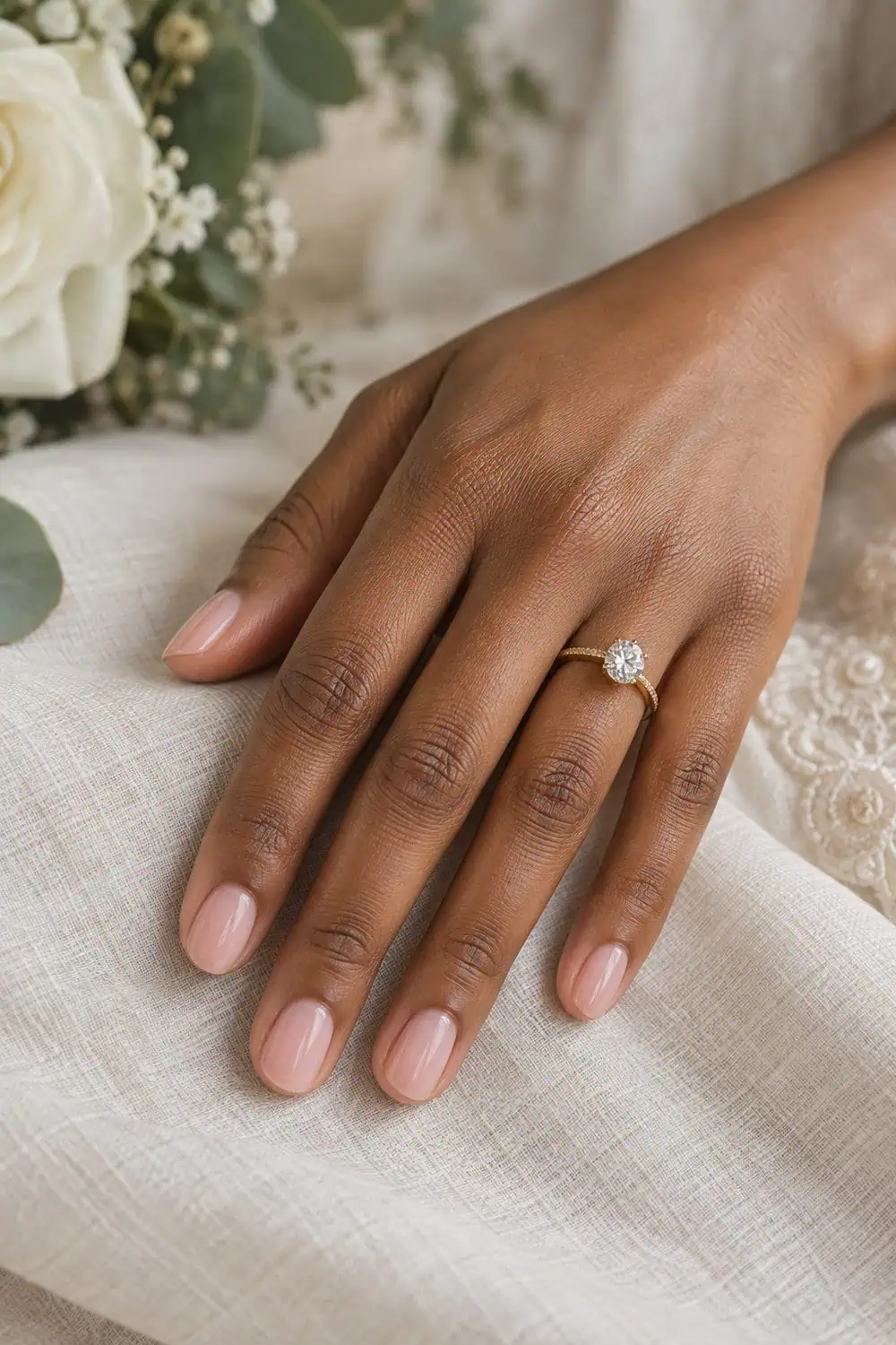 Bridal medium-brown hand with short rounded natural nails painted two thin coats of sheer pink, on ivory linen