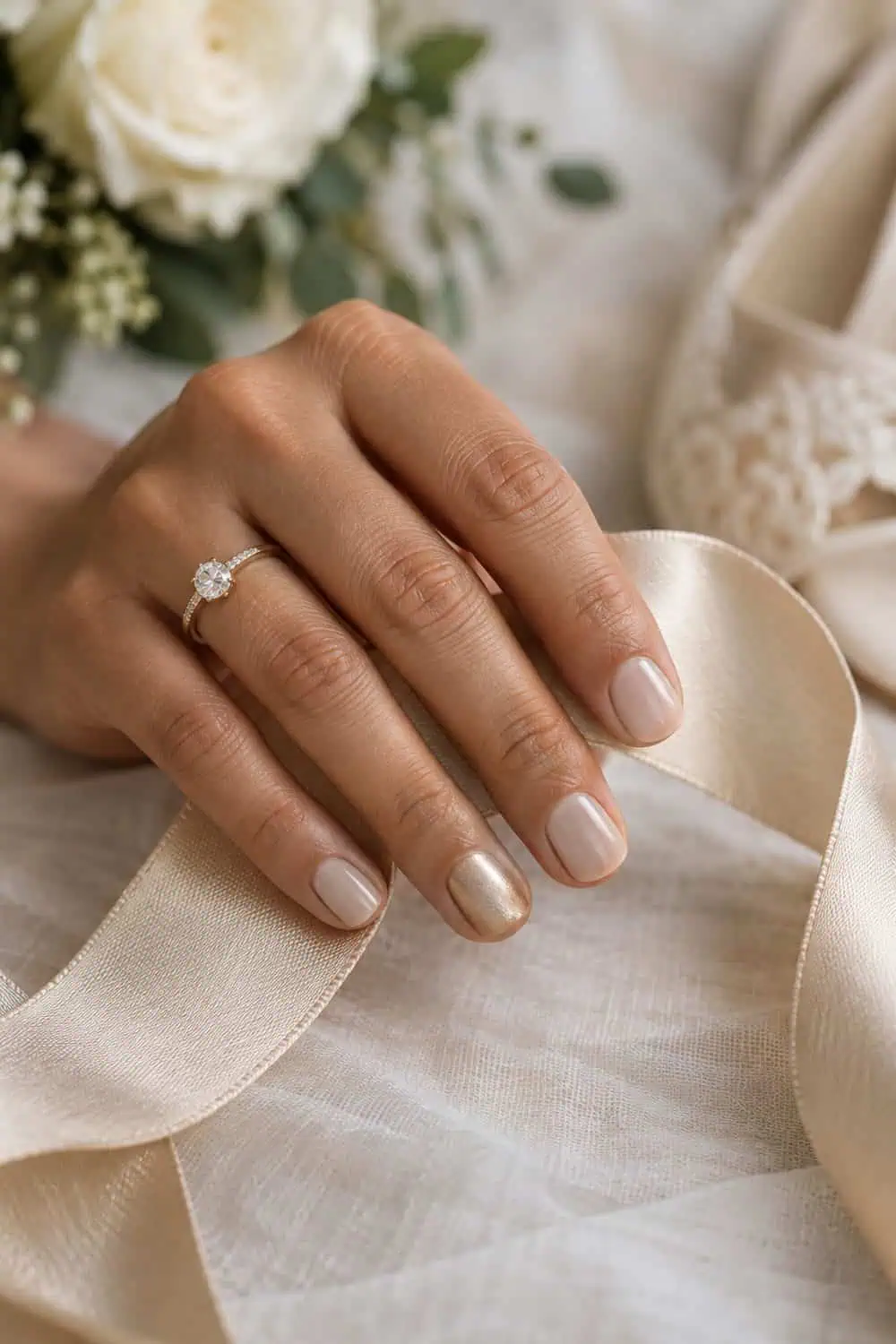 Bridal olive-toned hand with short rounded nails, four sheer beige nails and one soft-gold ring-finger nail, champagne ribbon