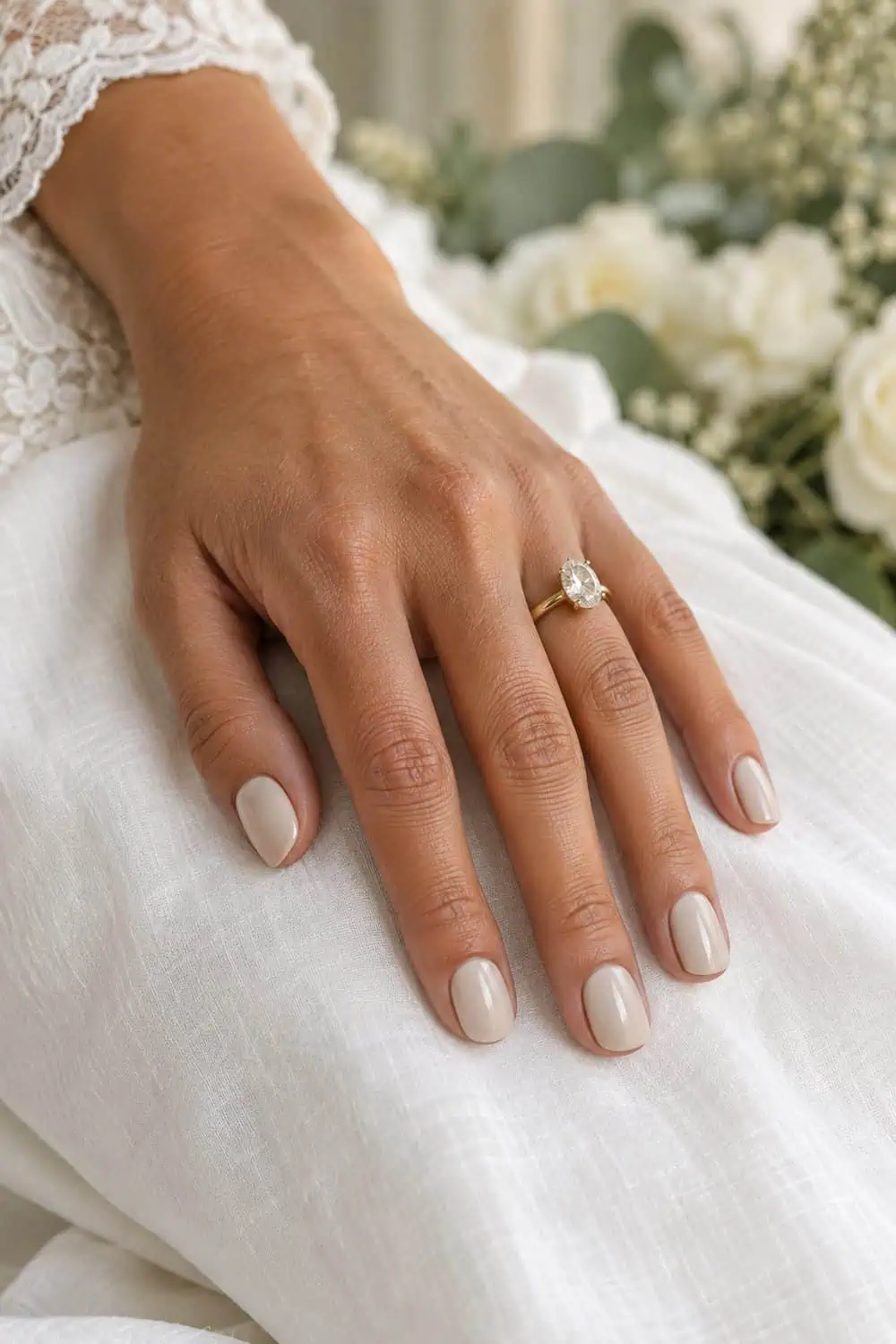 Bridal warm tan hand with short oval nails painted solid soft neutral beige, resting on white cotton