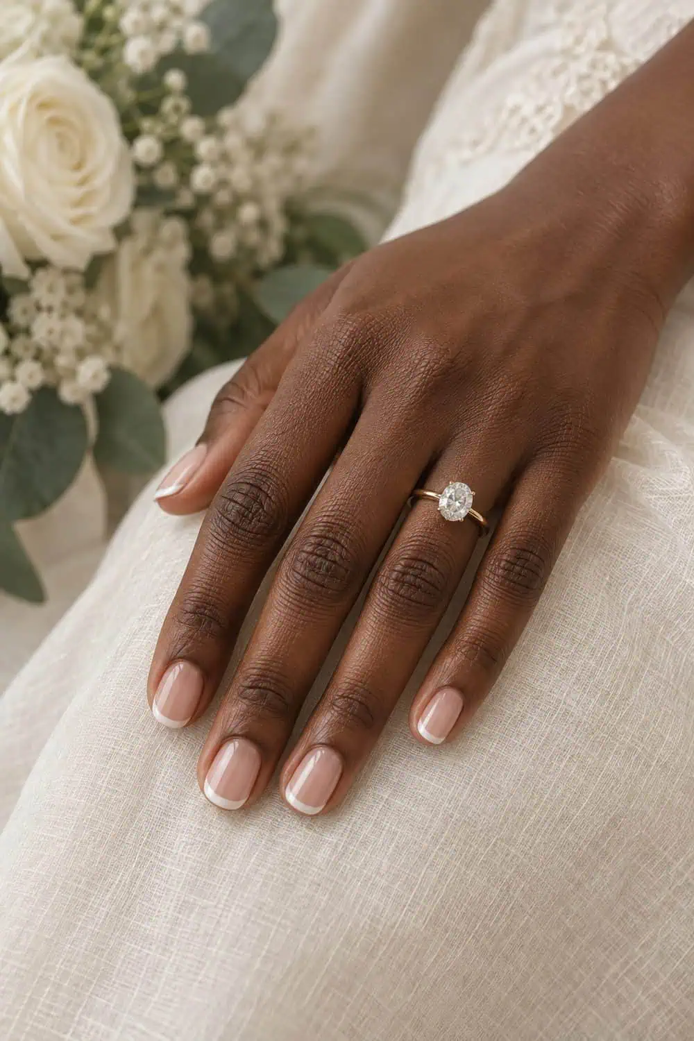 Bridal deep-brown hand with short natural oval nails, clear base and narrow soft-white tips following natural edges, on ivory linen