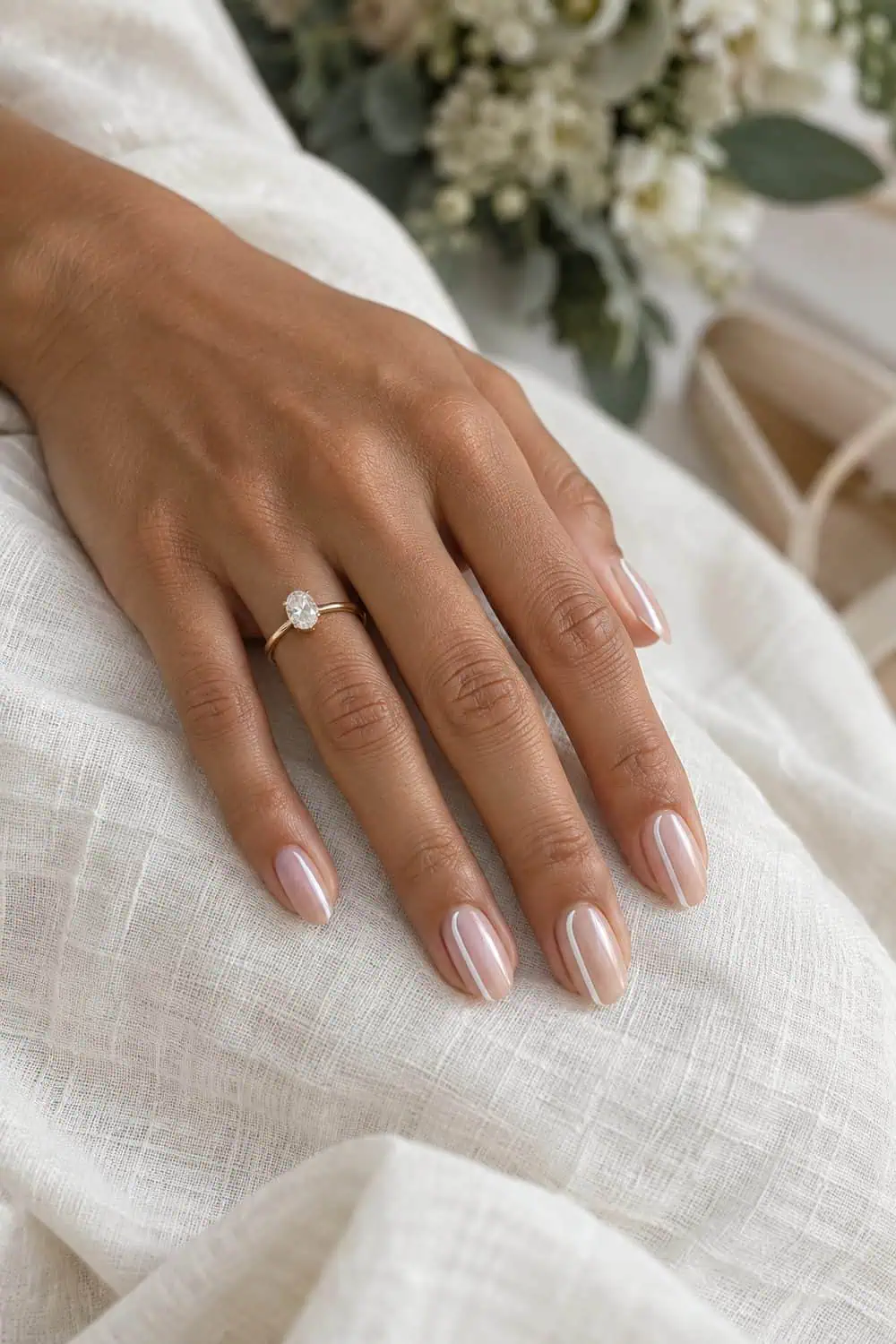 Bridal light-brown hand with medium oval nails, clear nude base and one thin straight white line along one side of each nail, ivory linen