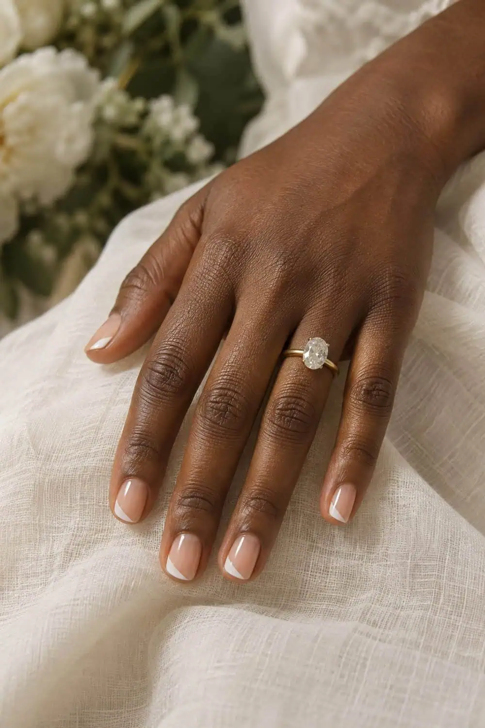 adult bride's dark-brown hand with short rounded natural nails under clear gloss, small white diagonal corner tips, ivory linen