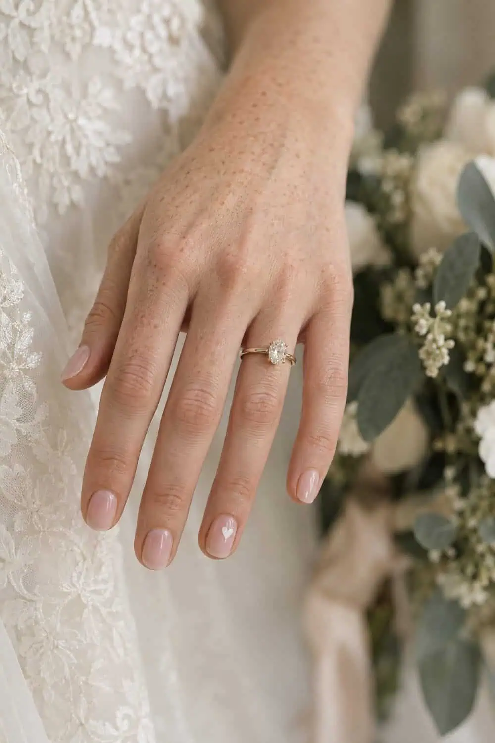 Bridal fair freckled hand with short rounded nails, sheer pink base, one tiny white heart on each visible ring-finger nail only, cream background